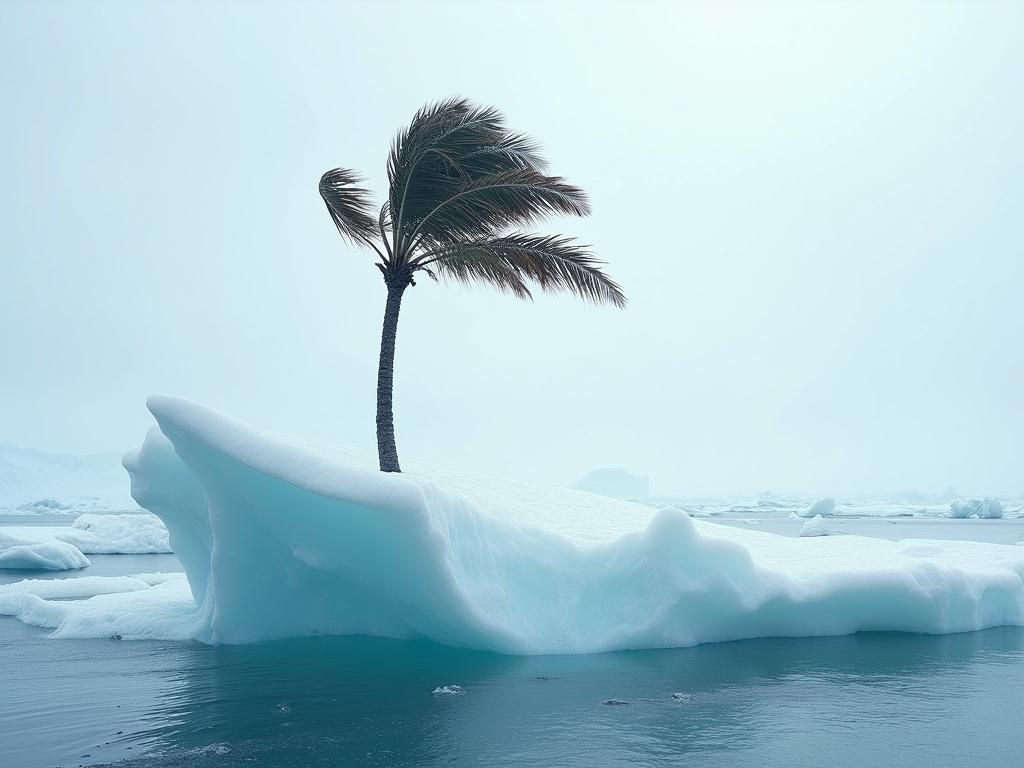A lone palm tree grows on an ice floe in the Arctic. Documen...