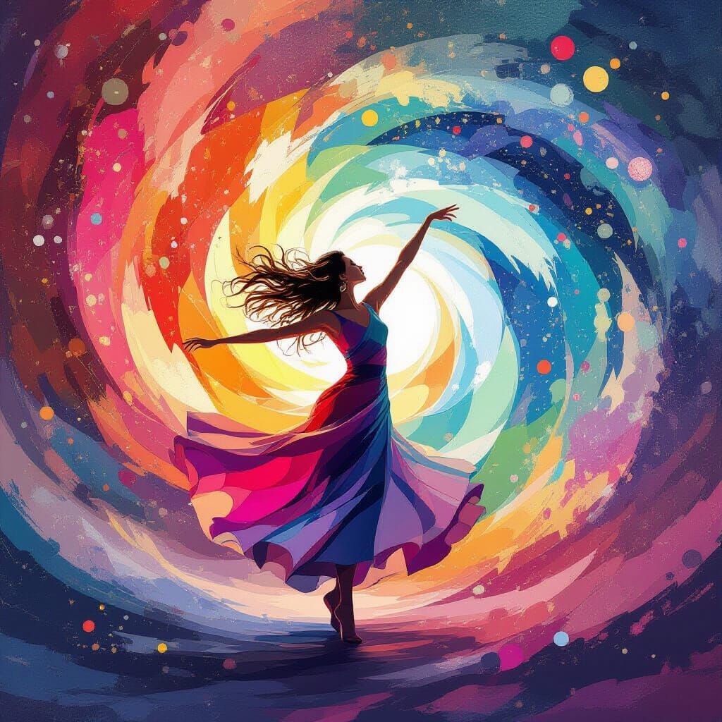 Woman Dancing in Cosmic Carnival of Colors