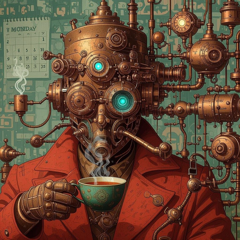 Steampunk Figure Sipping Tea Amidst Industrial Machinery