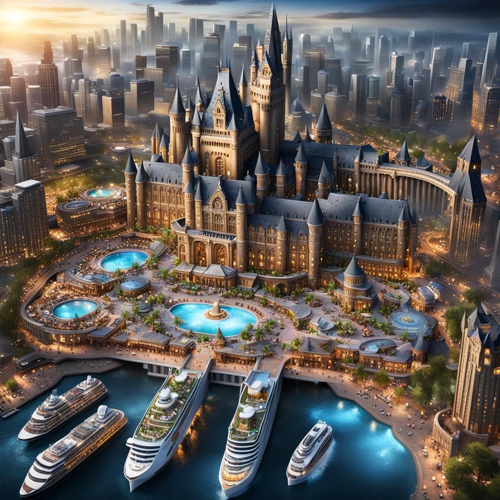 Detailed Cityscape with Cruise Ships and Hogwarts