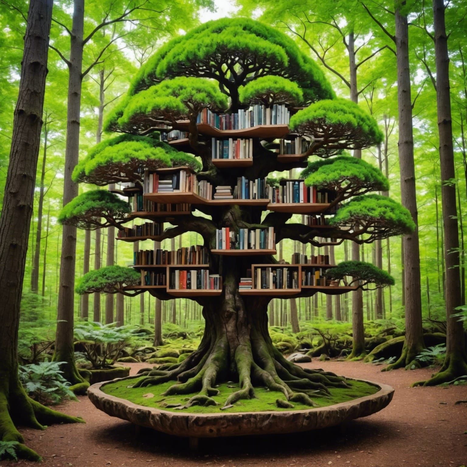 Magical Bonsai Bookshelf in Forest Heart