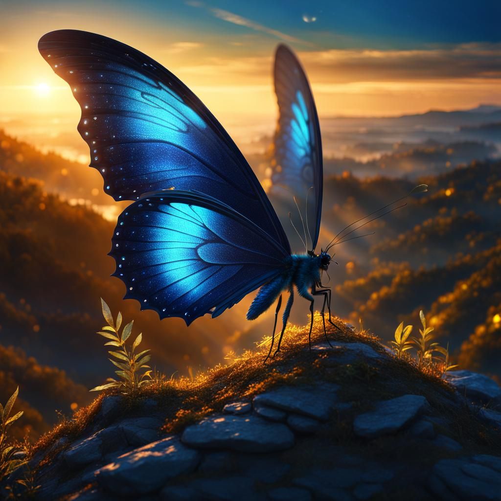 Sparkling Blue Butterfly at Sunset: Fantasy Concept Art