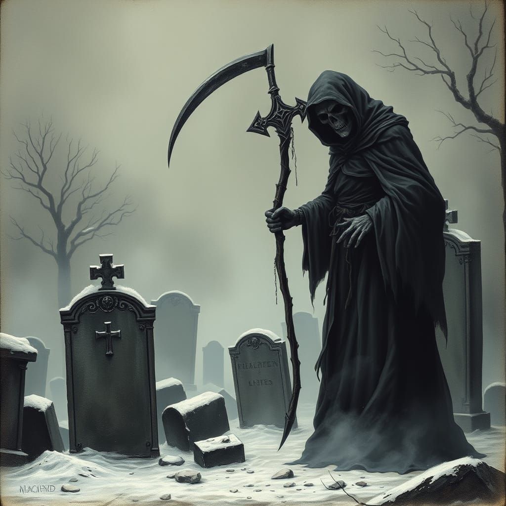 Grim Reaper in Misty Cemetery, Dramatic Etchings Style