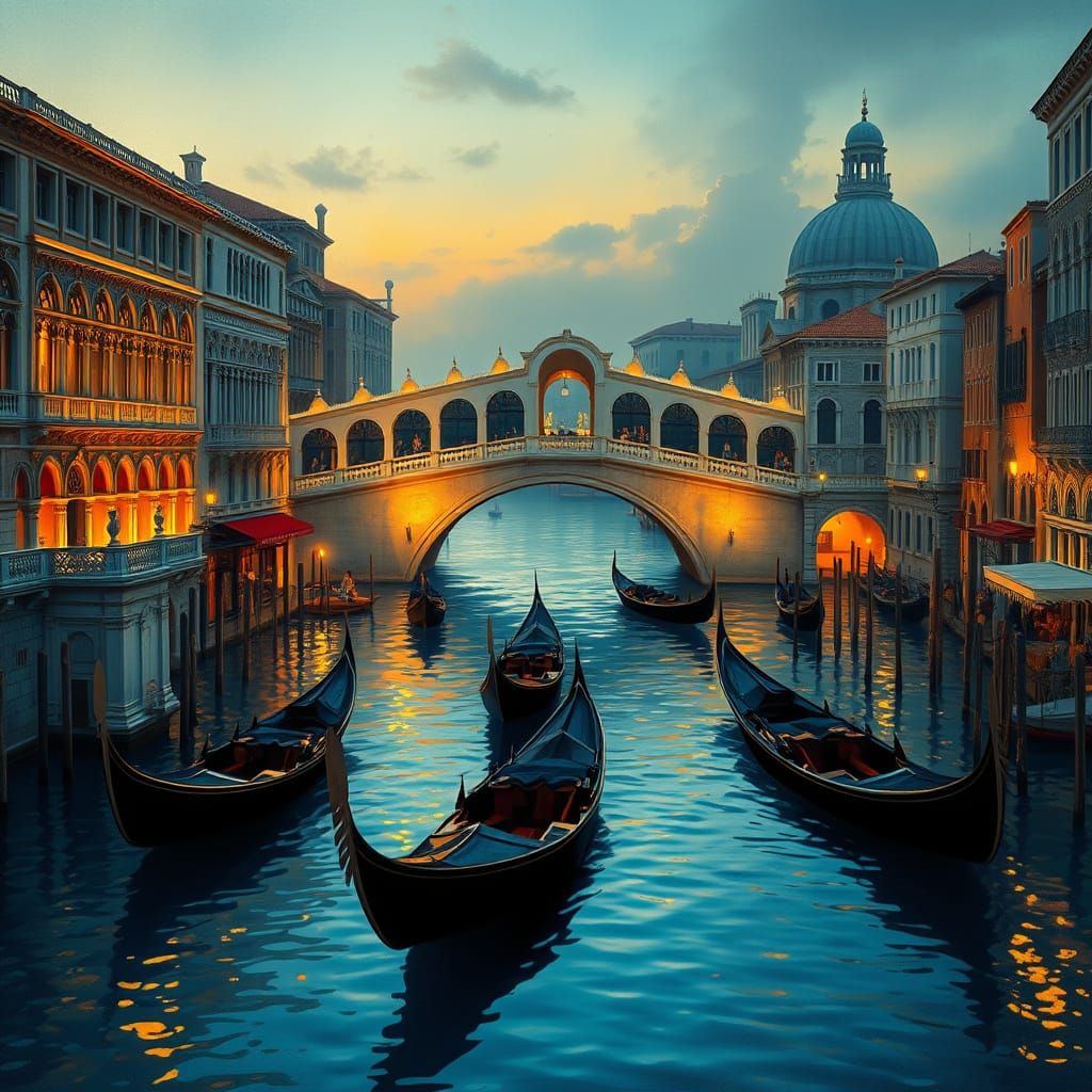 Dreamy Venice Night Scene with Gondolas and Golden Lighting