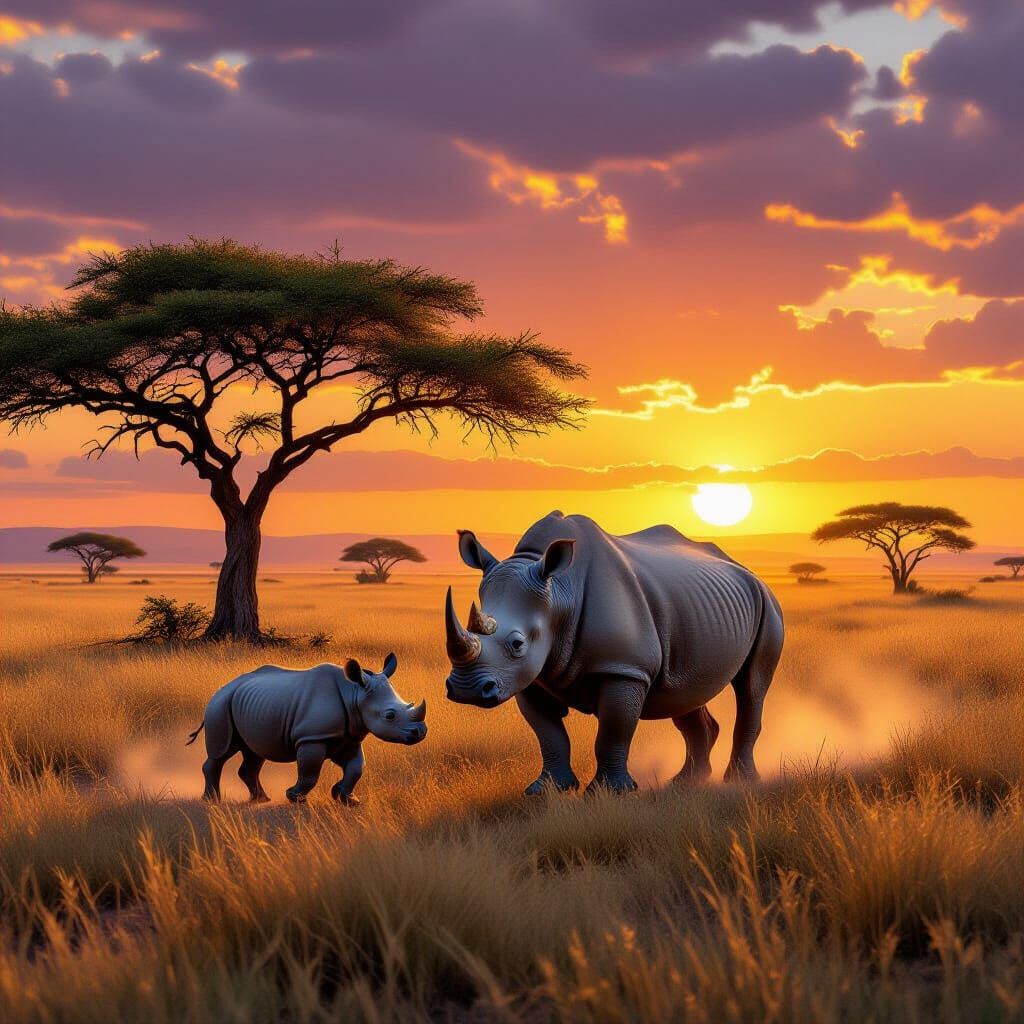 Rhino Family Strolls African Savanna at Golden Hour