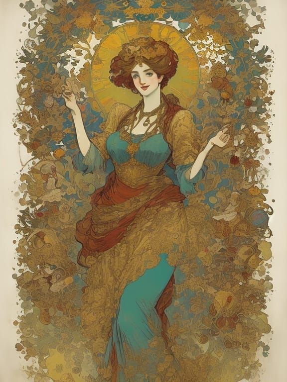 Vibrant Art Nouveau Carnival Scene with Whimsical Illustrati...