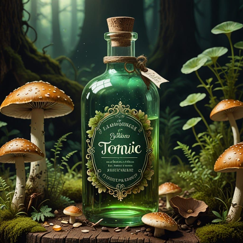 Glowing Tonic on Mushroom: Fantasy Label Art