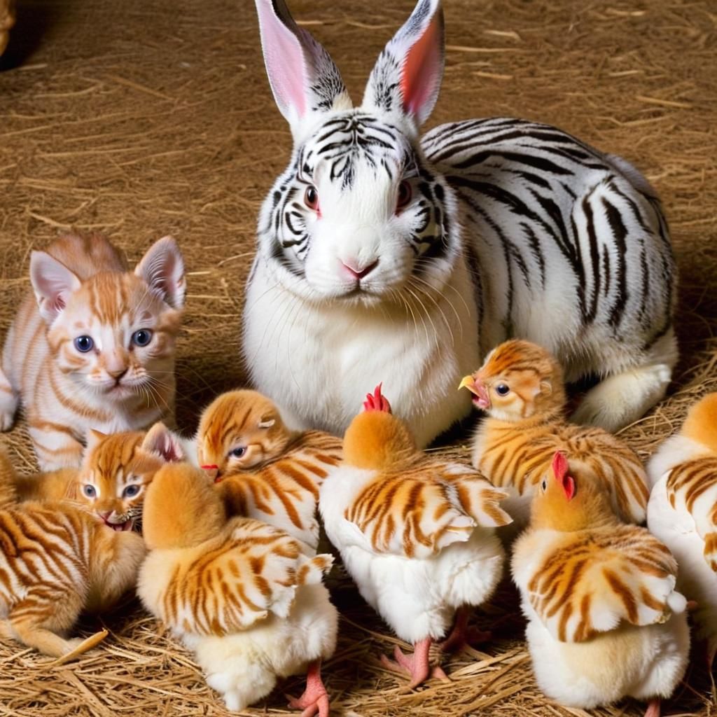 Tiger-Striped Bunny Surrounded by Animals