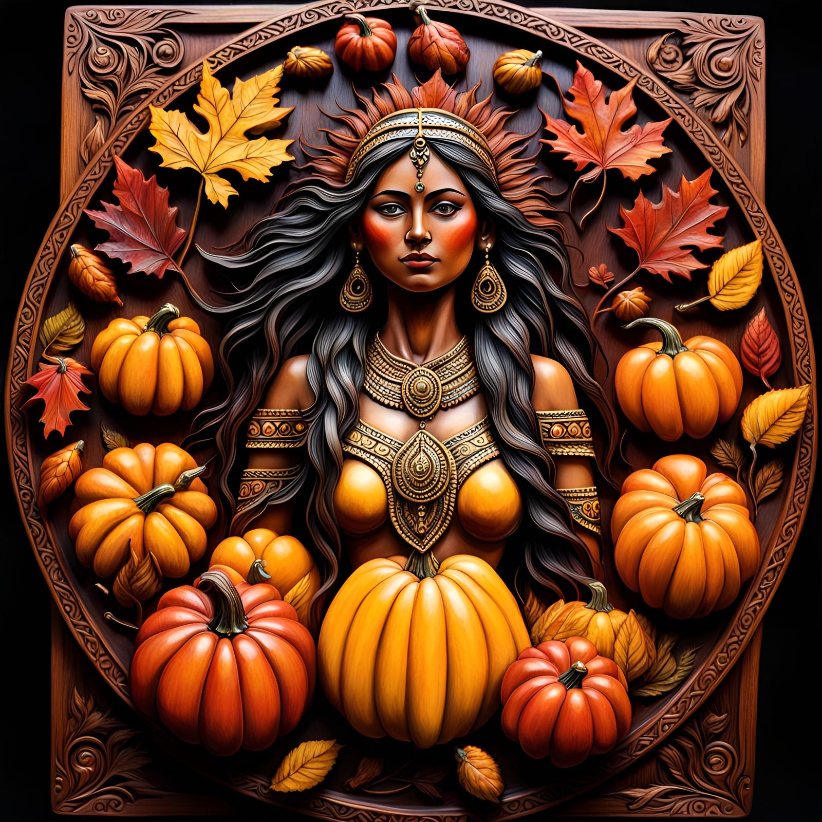 Autumn Princess Wood Carving in Chiaroscuro Style