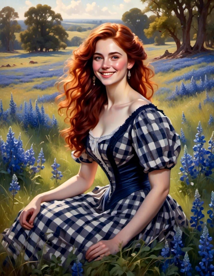 Victorian Woman in Bluebonnet Field Portrait