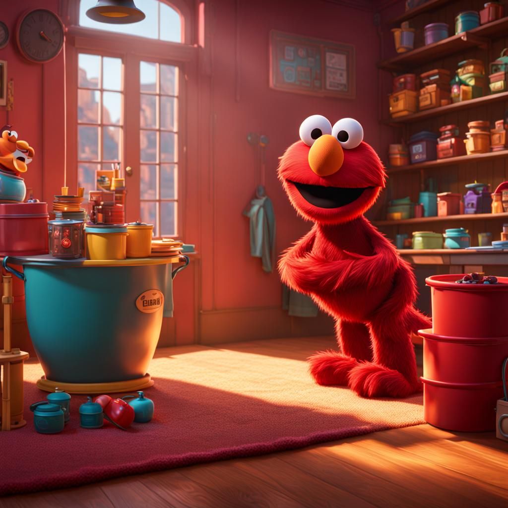 Elmo in Backrooms: Pixar-Style 3D Digital Art