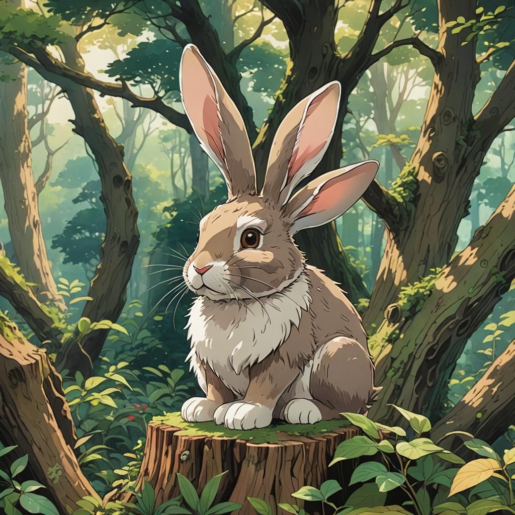 A Rabbit's Serene Moment in Lush Forest, in Studio Ghibli-In...