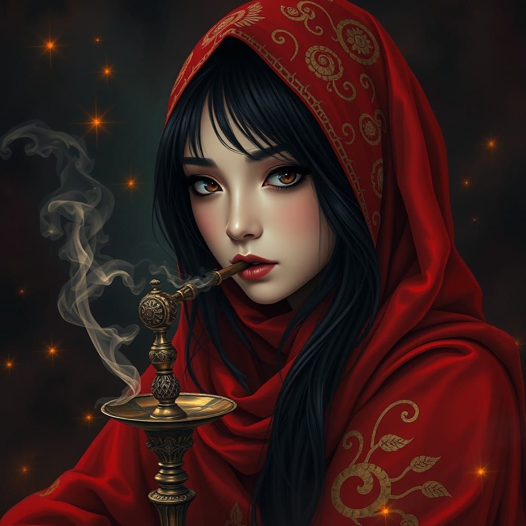 Gothic Muslim Goddess Puffs Shisha in Mystical Atmosphere
