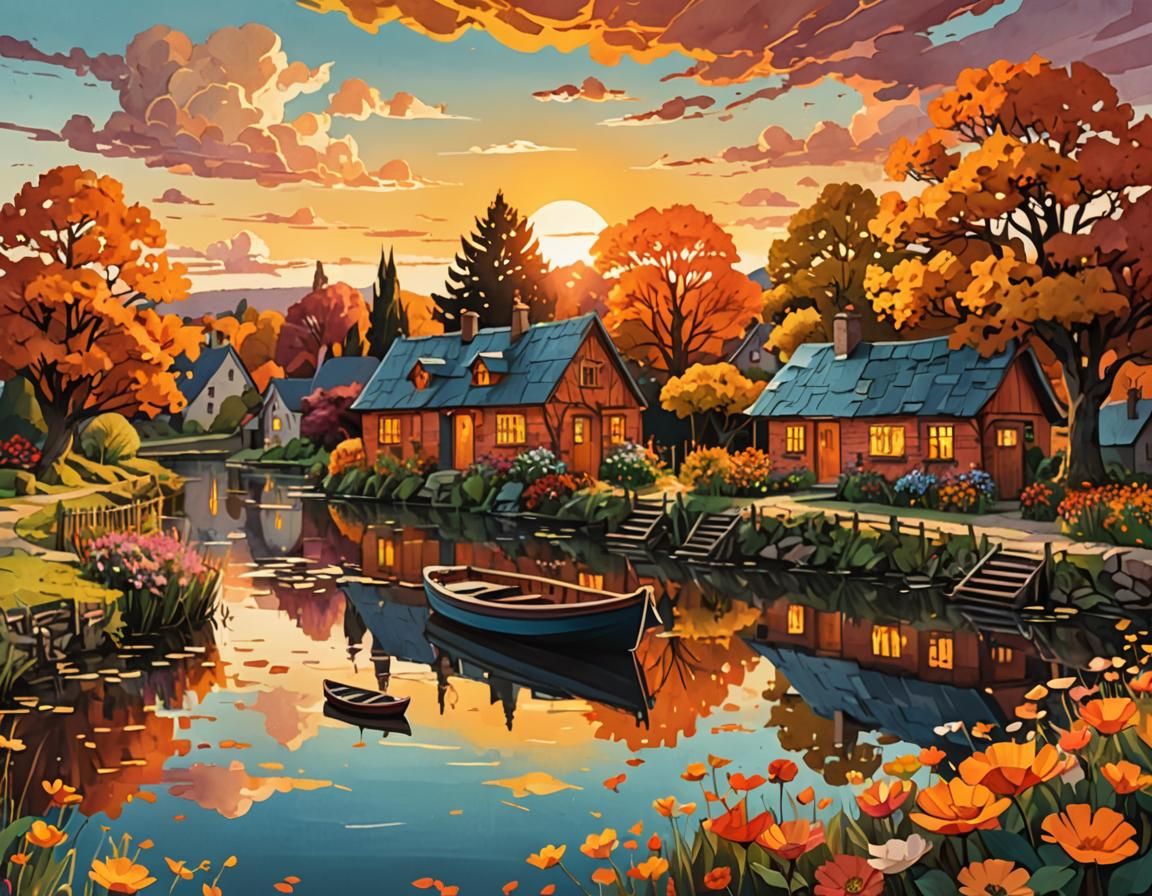 Autumn River Scene in Dreamy Digital Art Style