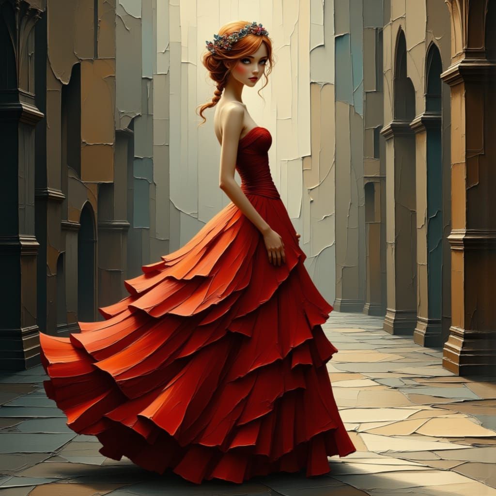 Elegant Princess in Red Gown with Flower Crown