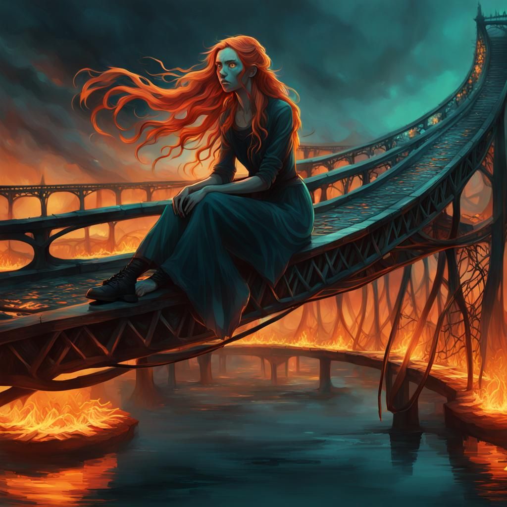 Ginger-Haired Girl on Twisted Bridge: Fantasy Concept Art