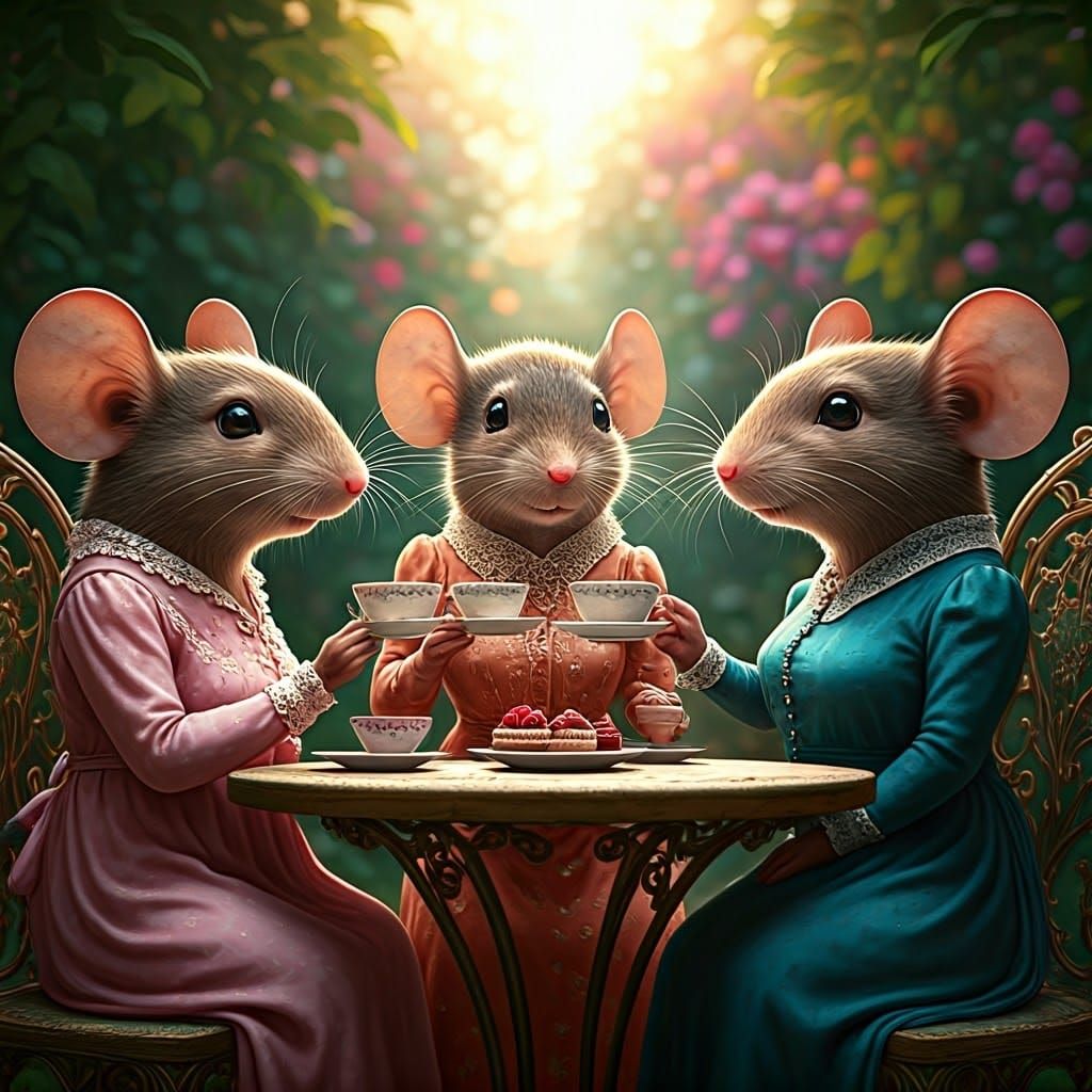 Four Whimsical Mice Enjoy Tea in the Sunshine