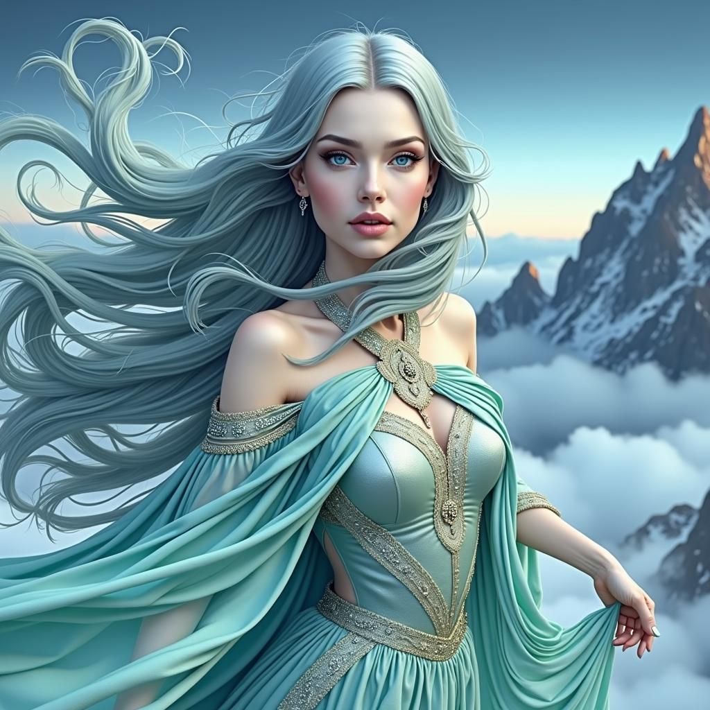 Ethereal Woman on Misty Mountain with Flowing Turquoise Hair