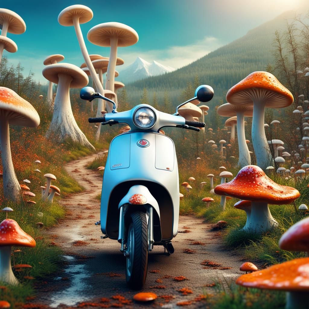 White Scooter Surrounded by Colorful Fungi