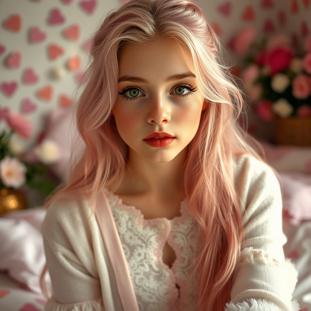Ethereal Teenager in Pink Bedroom, Hyperrealistic Style