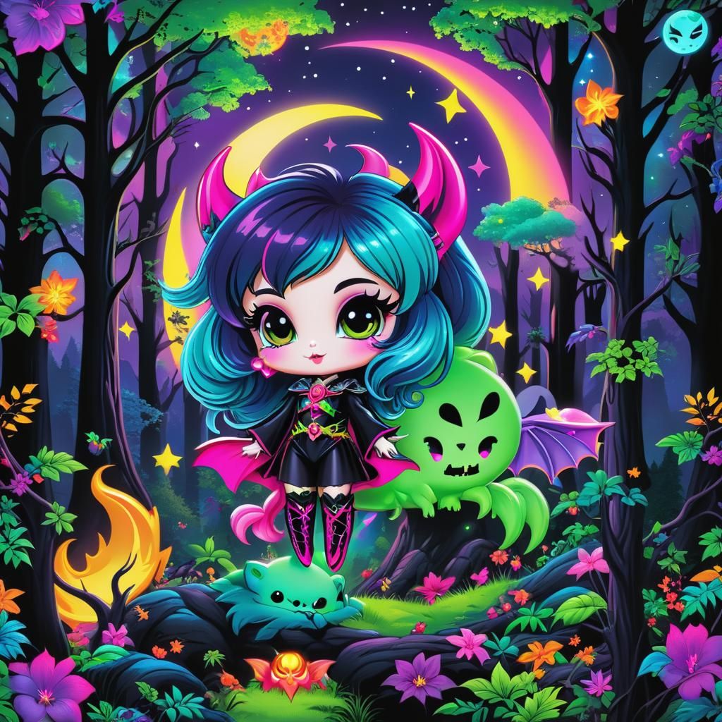 Chibi Dracula in Lisa Frank Neon Enchanted Forest