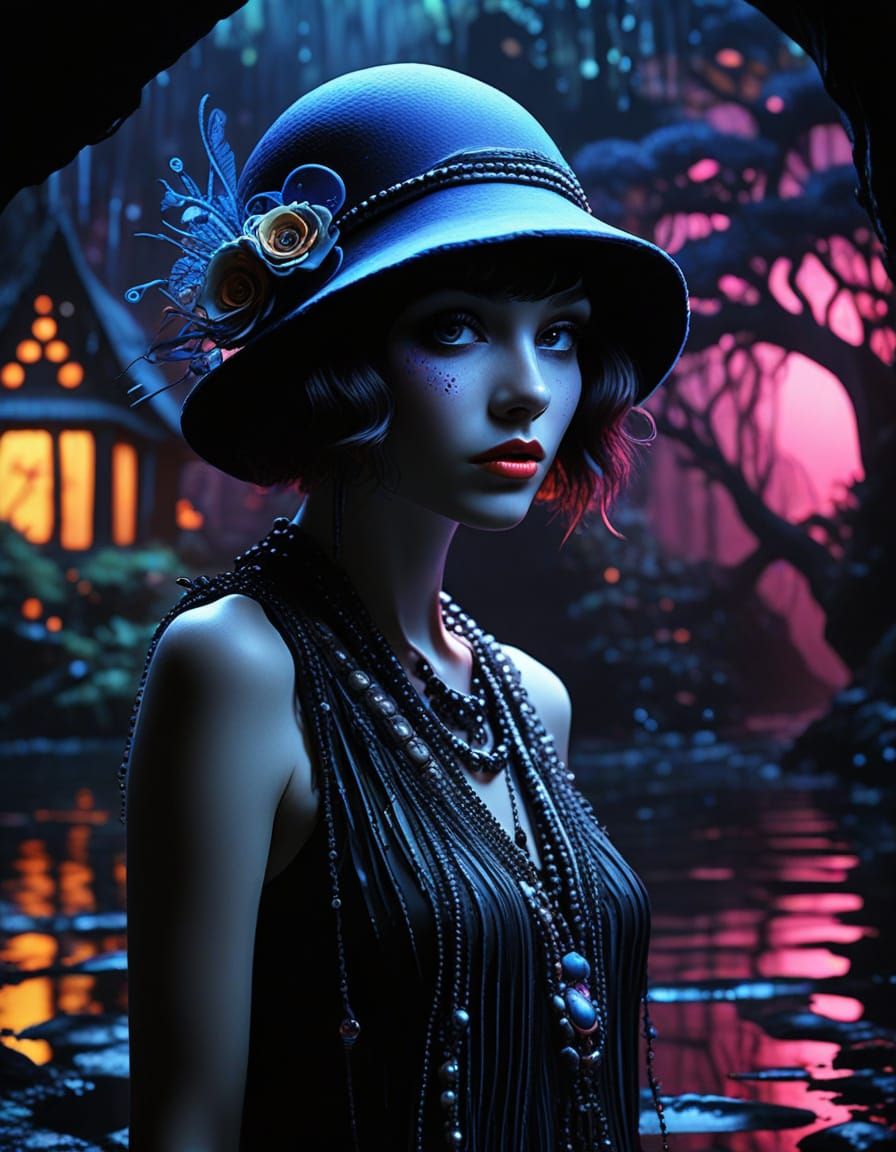 Surreal Flapper Goddess Under Blacklight in a Whimsical Cove