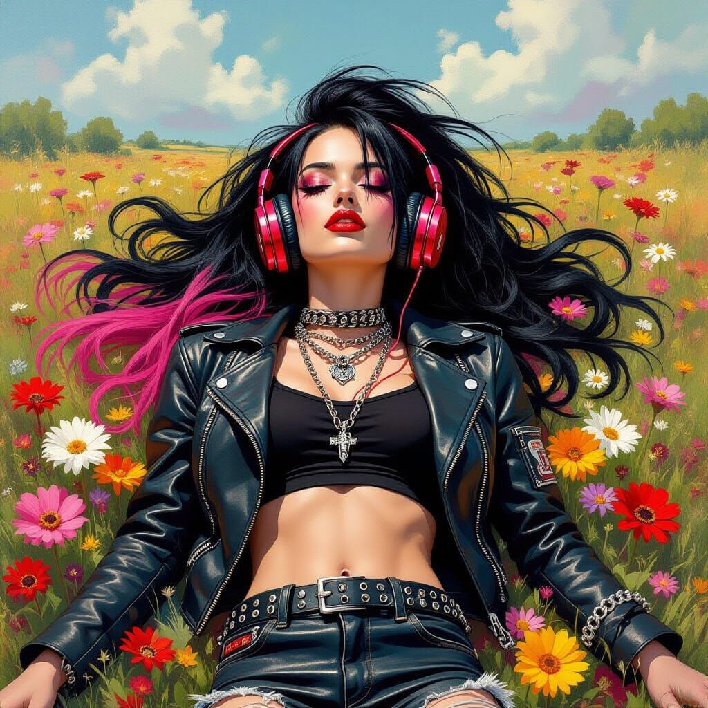 Punk Rock Woman in Summer Landscape as Oil Painting