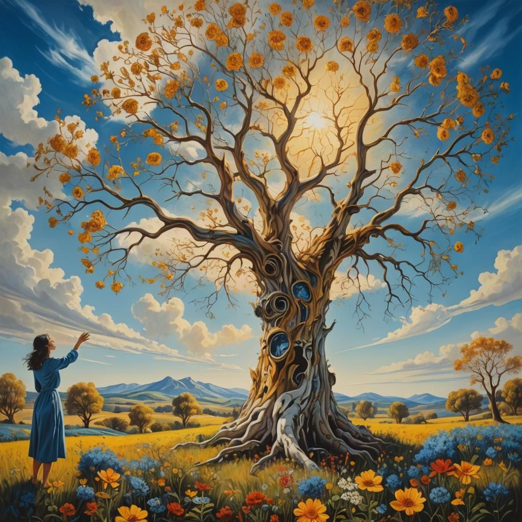 Surreal Embrace: Dysfunctional Tree in Wildflower Field