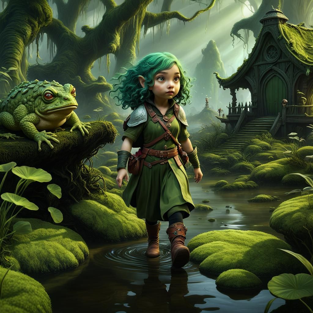 Halfling Girl and Magical Toad in Swamp