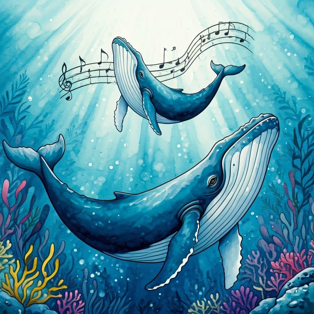 Blue Whales Sing in Whimsical Underwater Sketch
