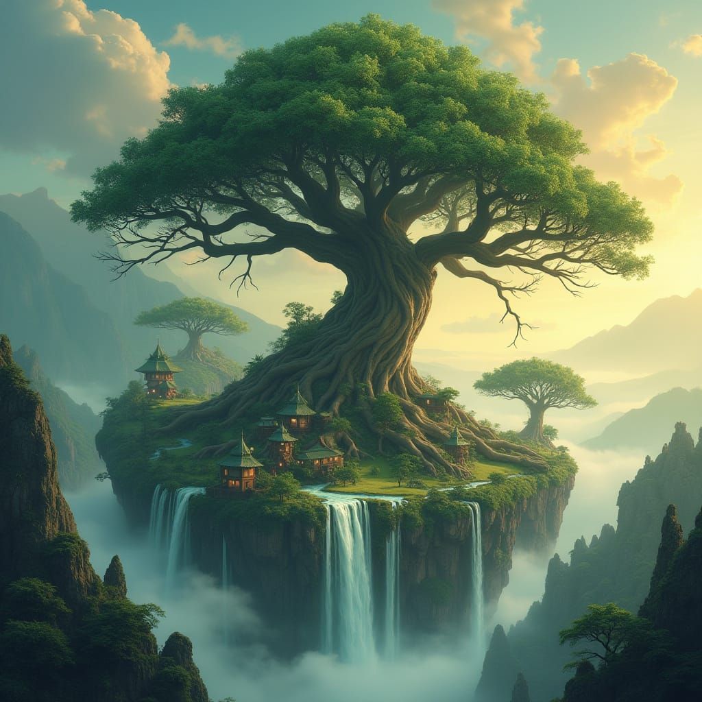 Dragon Tree with Floating Islands in Magical Realism