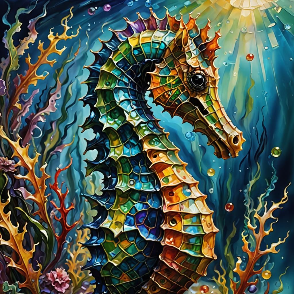 Iridescent Seahorse Wrapped in Seaweed, Psychedelic Art