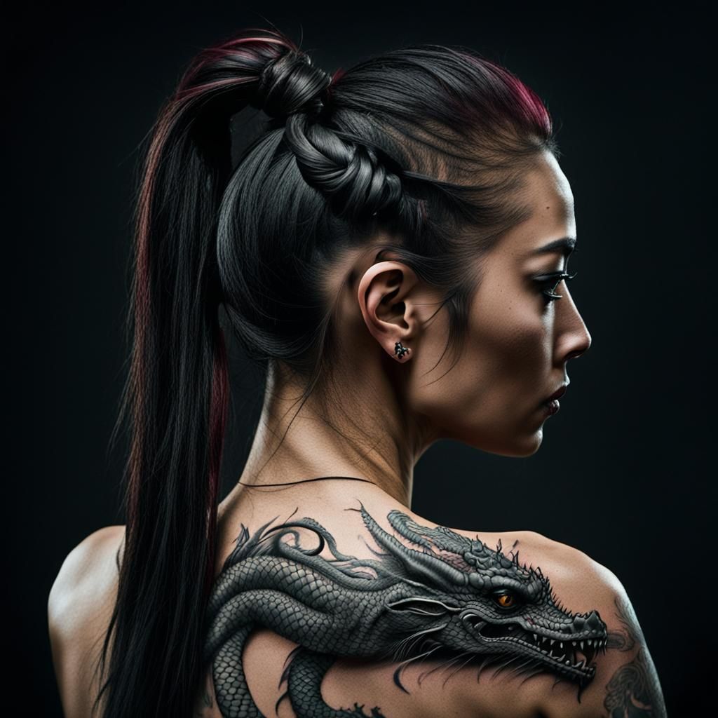Asian Girl with Dragon Tattoo Portrait