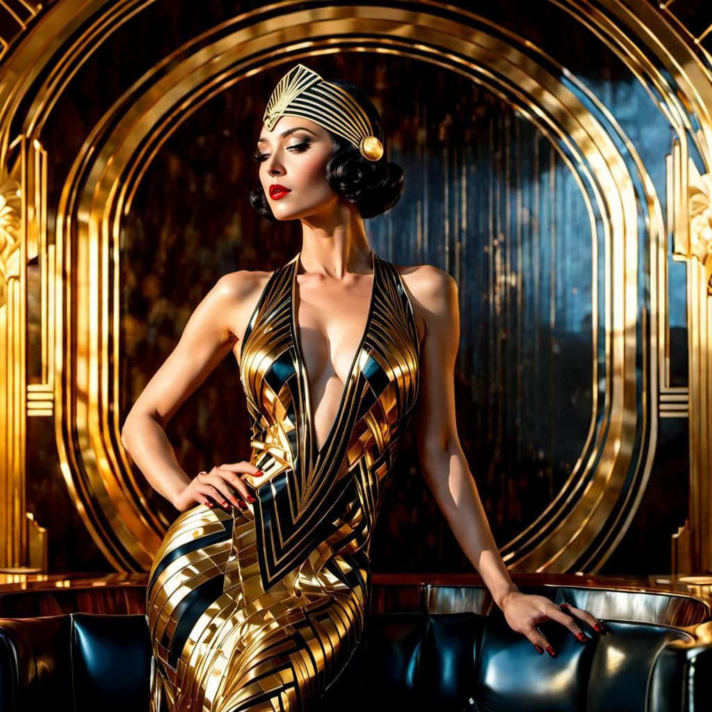 Elegant Art Deco Woman in Geometric Lounge