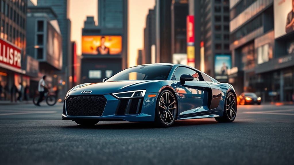 Sleek Audi R8 in Vorsprung Blue, Urban Landscape at Dusk