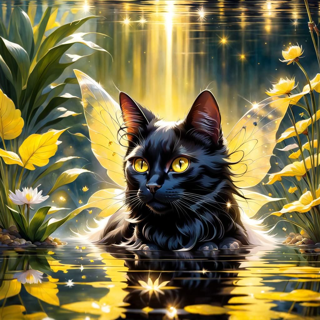 Fairy Winged Cat Gazing at Pond Reflection