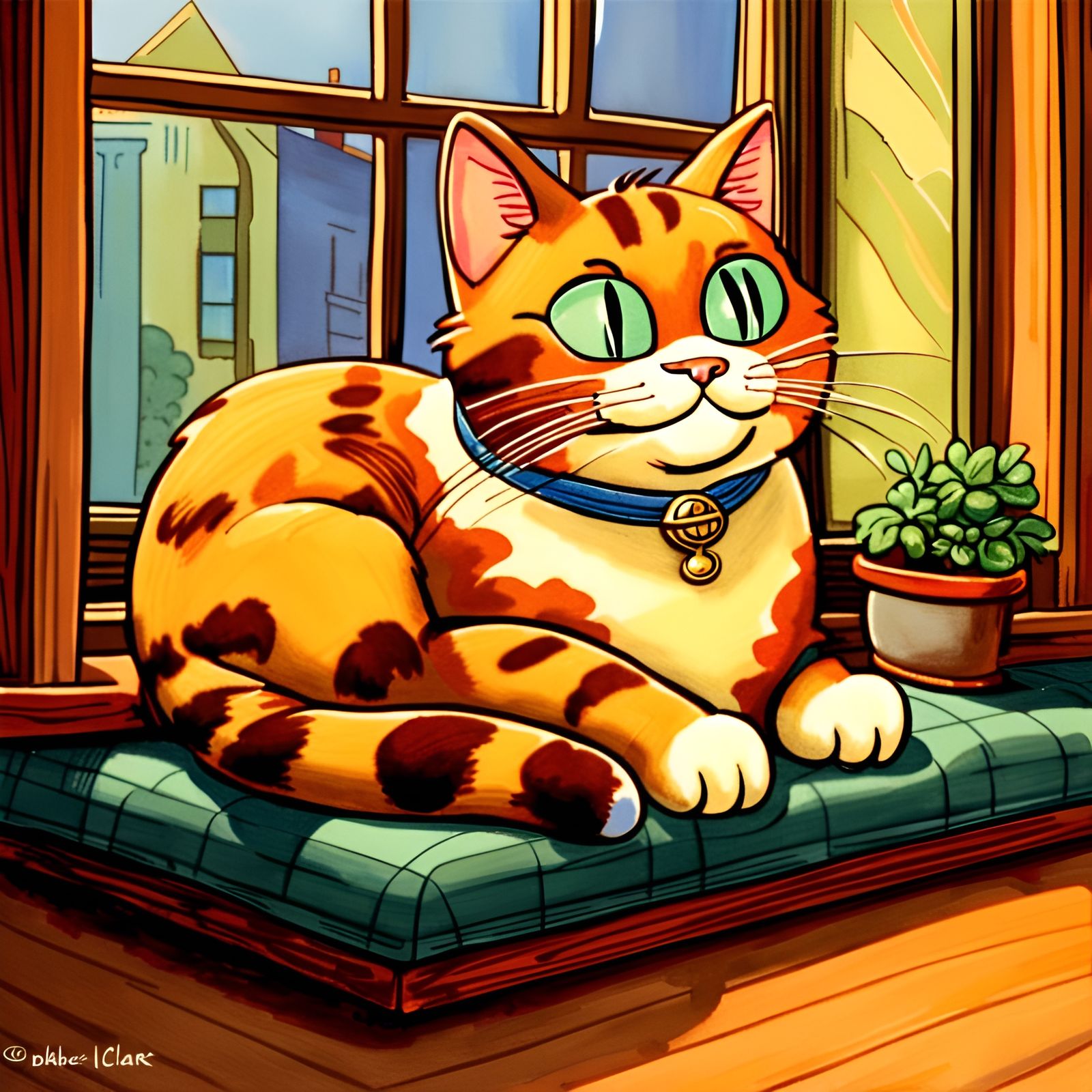 Smiling Torbie Cat in Retro Cartoon Style