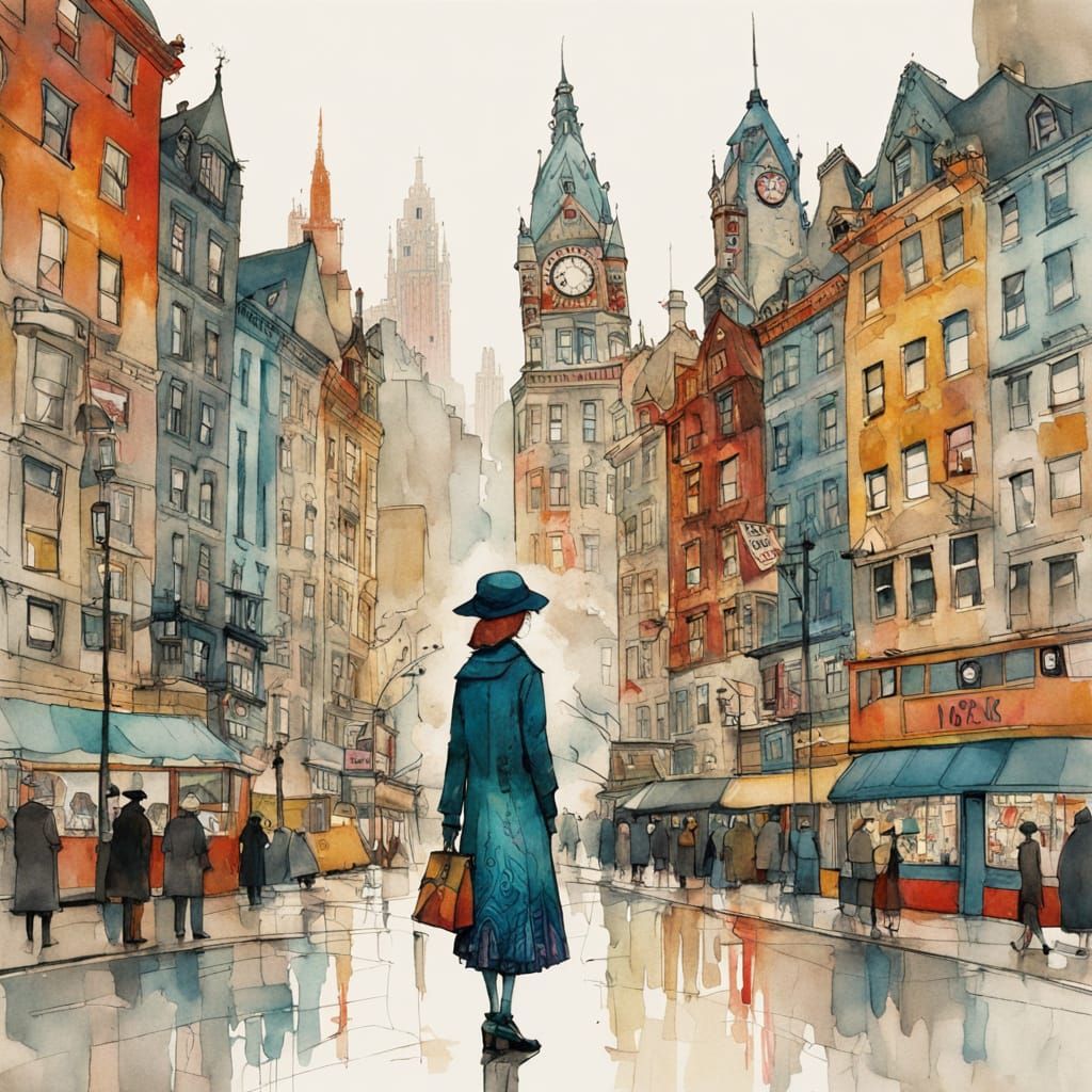 Colorful City Square Gouache Watercolor Painting