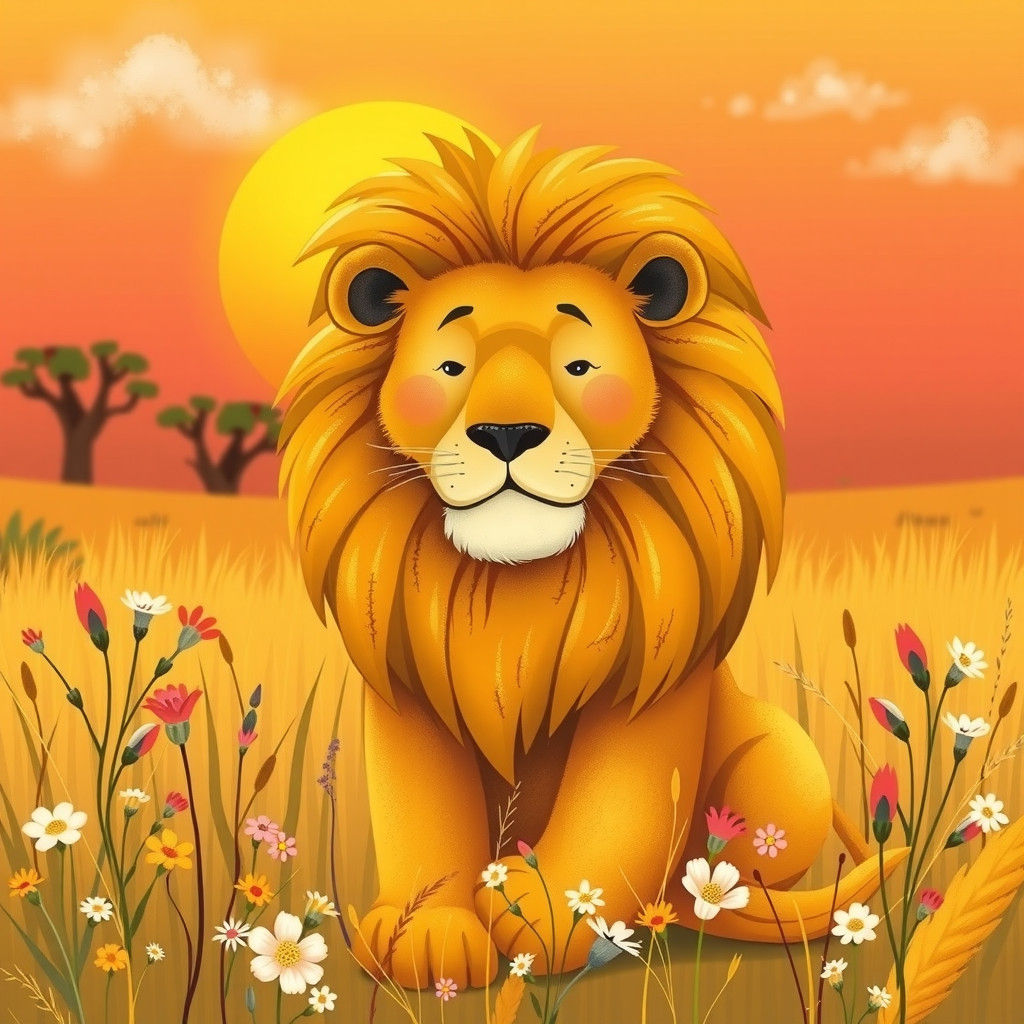 A majestic lion sitting in a vibrant savanna under a golden sunset. The lion has a magnificent, flowing mane and a calm,...
