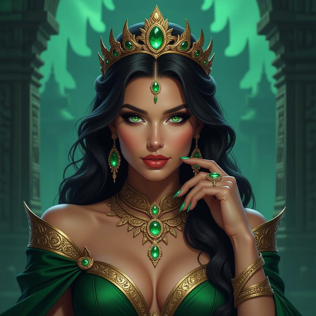 Queen with Emerald Eyes and Golden Snake Jewelry