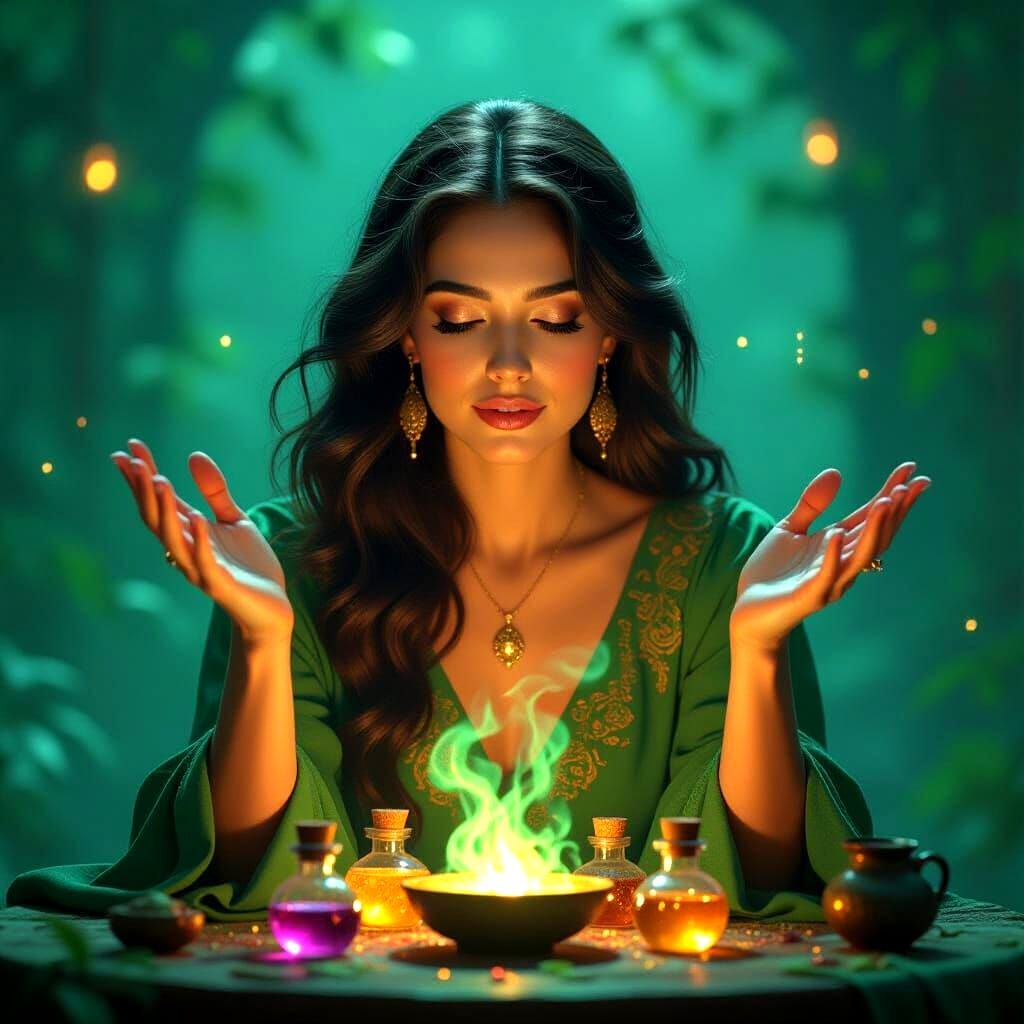 Enchanting Woman Reveals Secret Potions with Magical Aura