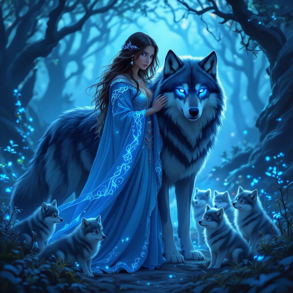 Brown Haired Woman Protects Wolf Pack in Blue Glow Forest