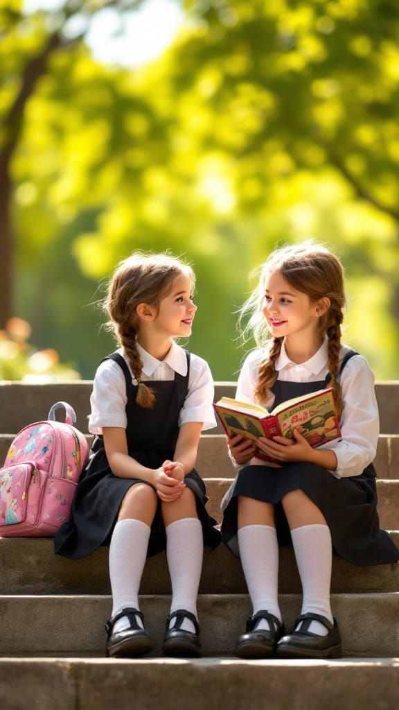 Two Young Girls on Stone Steps in Sunny Park
