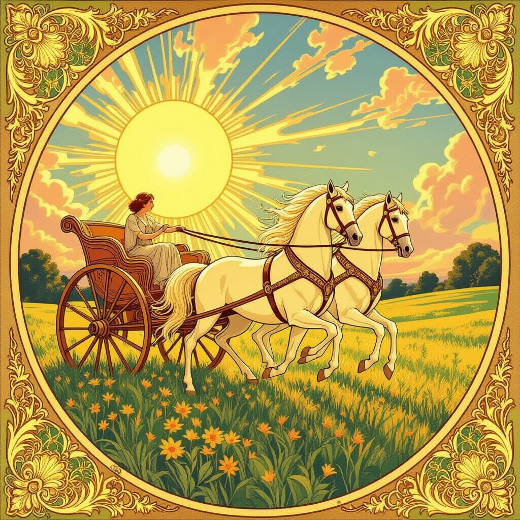 Golden Light Chariot Soars in Art Nouveau Meadow