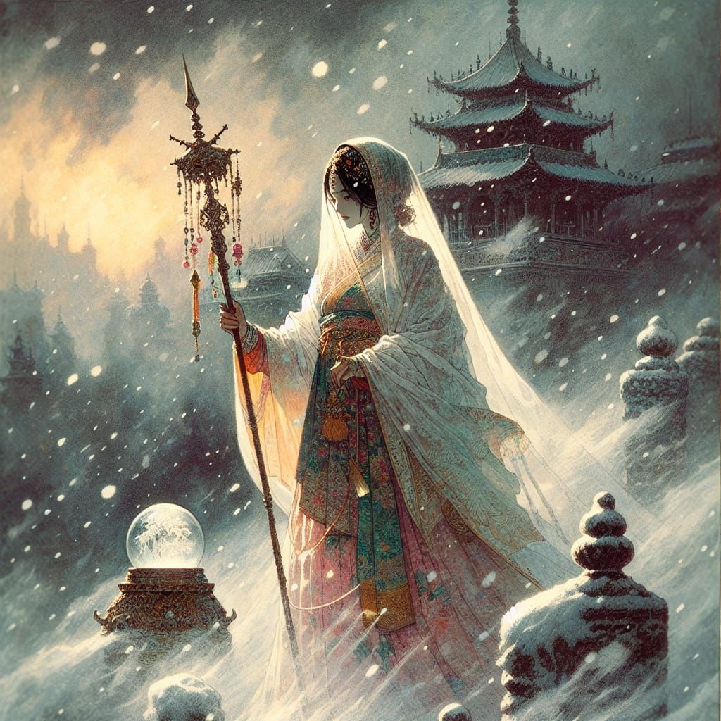 Mysterious South Asian Priestess in Winter Mist, Anime Art