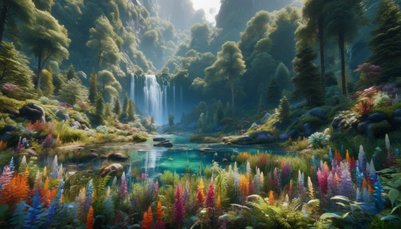 Flowered Meadow Realism Painting with Waterfall