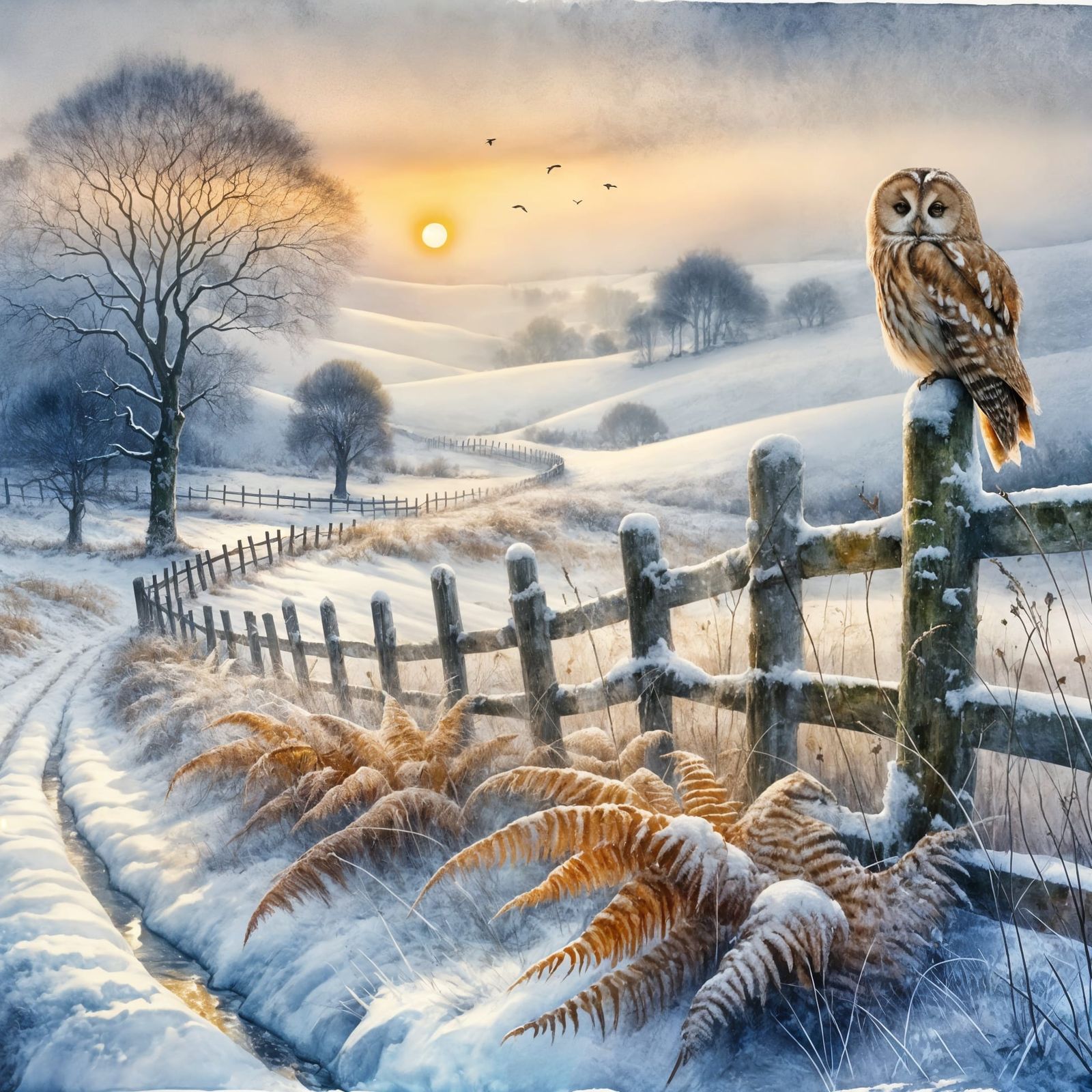 Winter Sunset Watercolor: Owl Watches Snowy Path