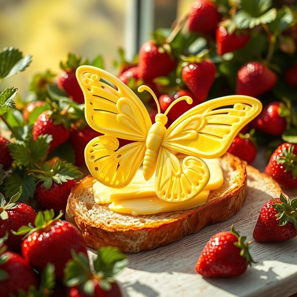 Butter Butterfly in Strawberry Toast Garden Still Life