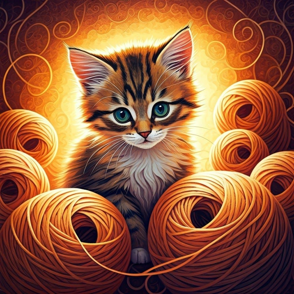 Playful Kittens in Yarn, Paper Collage Art