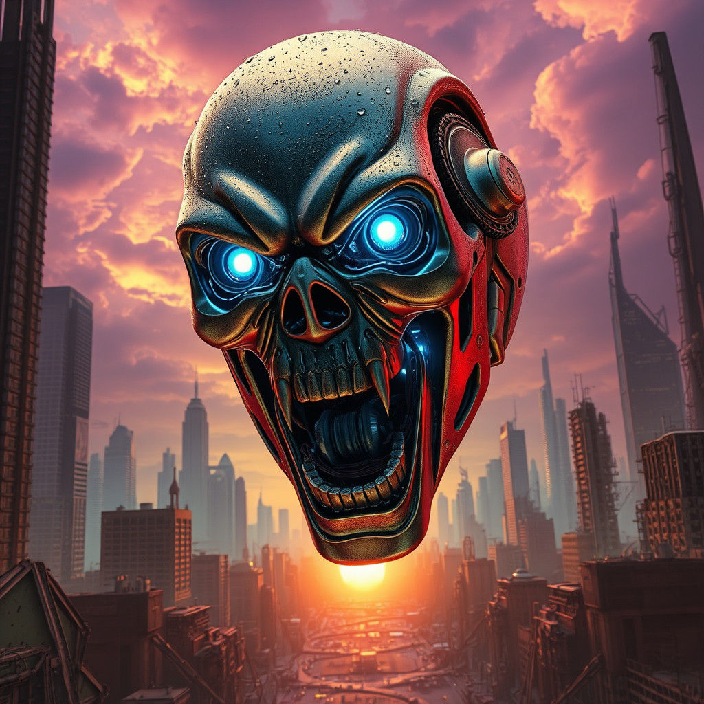 Terrified Robot Face in Dystopian Cityscape